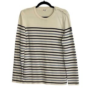 Batela Sea Style Nautical Striped Merino Wool Blend Button Shoulder Sweater